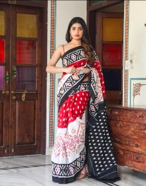 Fusion Print with Red Mul Cotton Saree