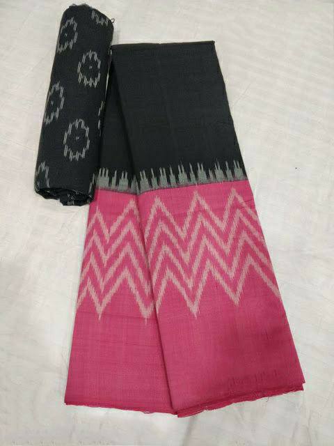 Baby Pink and Black with White Printed Cotton Sarees from Pure Cotton Category