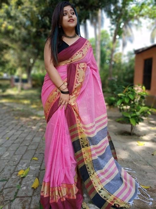 Plain Pink Colour Saree