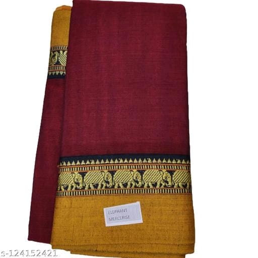 Pure Handloom Saree in Plain Maroon Colour with Maroon and Golden Wide Zari in Elephant Design