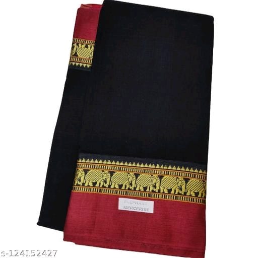 Pure Handloom Saree in Plain Black Colour with Red and Golden Wide Zari in Elephant Design