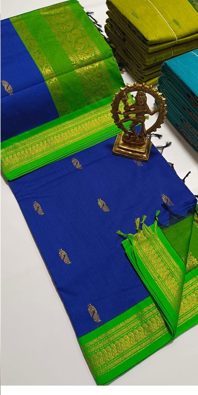 Pure Cotton Silk Saree with Bright Blue with Parrot Golden Zari Border