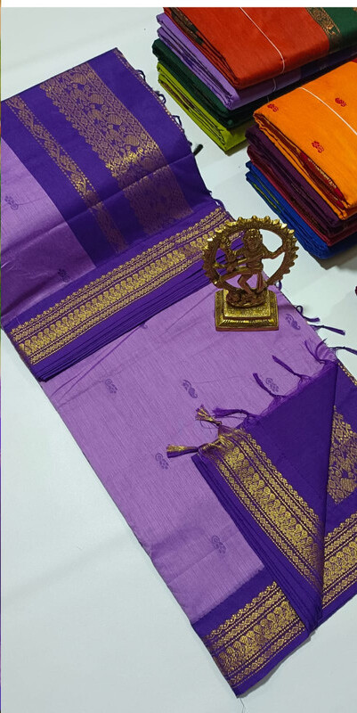 Pure Cotton Silk Saree with Violet and Navy Golden Zari Border