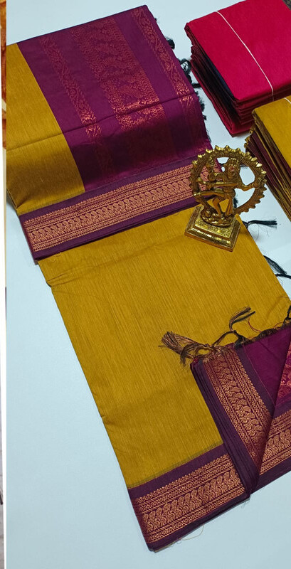 Pure Cotton Silk Saree with Mustard Yellow and Maganta Copper Zari Border