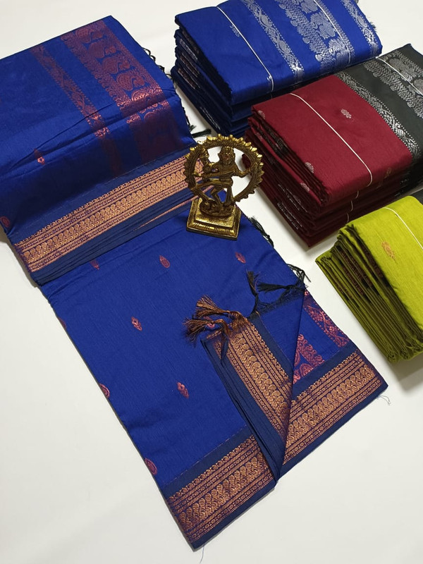 Pure Cotton Silk Saree with Plain Navy Blue and Golden Zari Border
