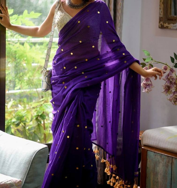 Beautiful Plain Purple Khadi Handloom Saree with Silver Putta's and Drops