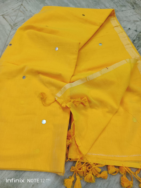 Beautiful Plain Yellow Khadi Handloom Saree with Silver Putta's and Drops