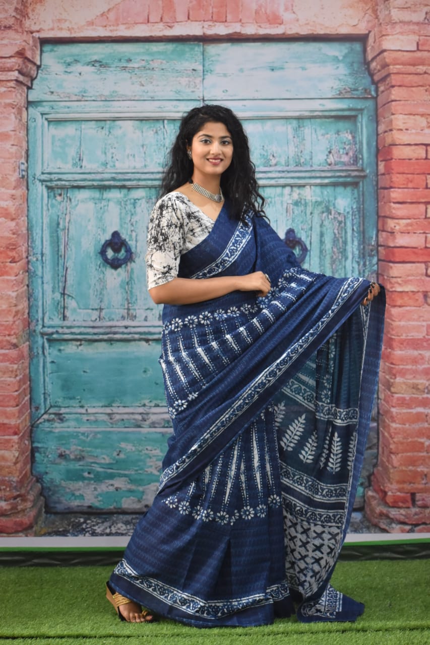 Indigo with White Print Pure Mul Cotton Saree