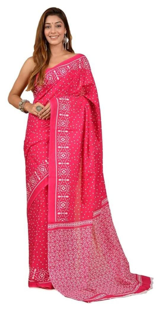 Pink with White Print Pure Mul Cotton Saree