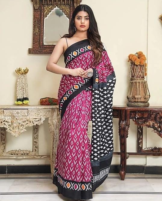 Pink with Black and White Print Pure Mul Cotton Saree