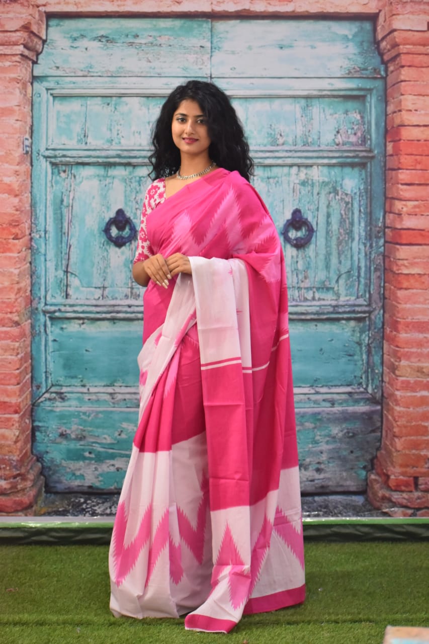 Pink with White Print Pure Mul Mul Cotton Saree