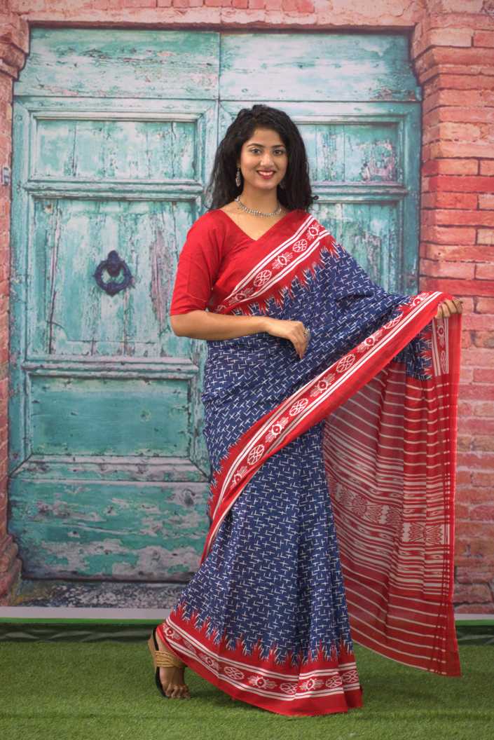 Indigo Blue with Red Border and White Print Pure Mul Cotton Saree