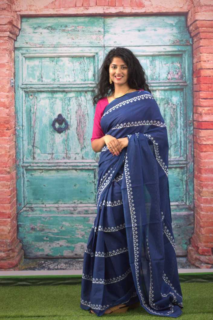 Indigo Blue with White Printed Lines Pure Mul Saree