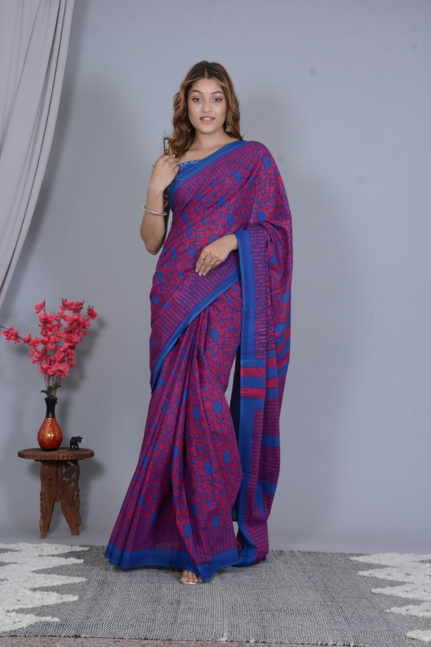 Purple with Blue Border and Print Pure Mul Cotton
