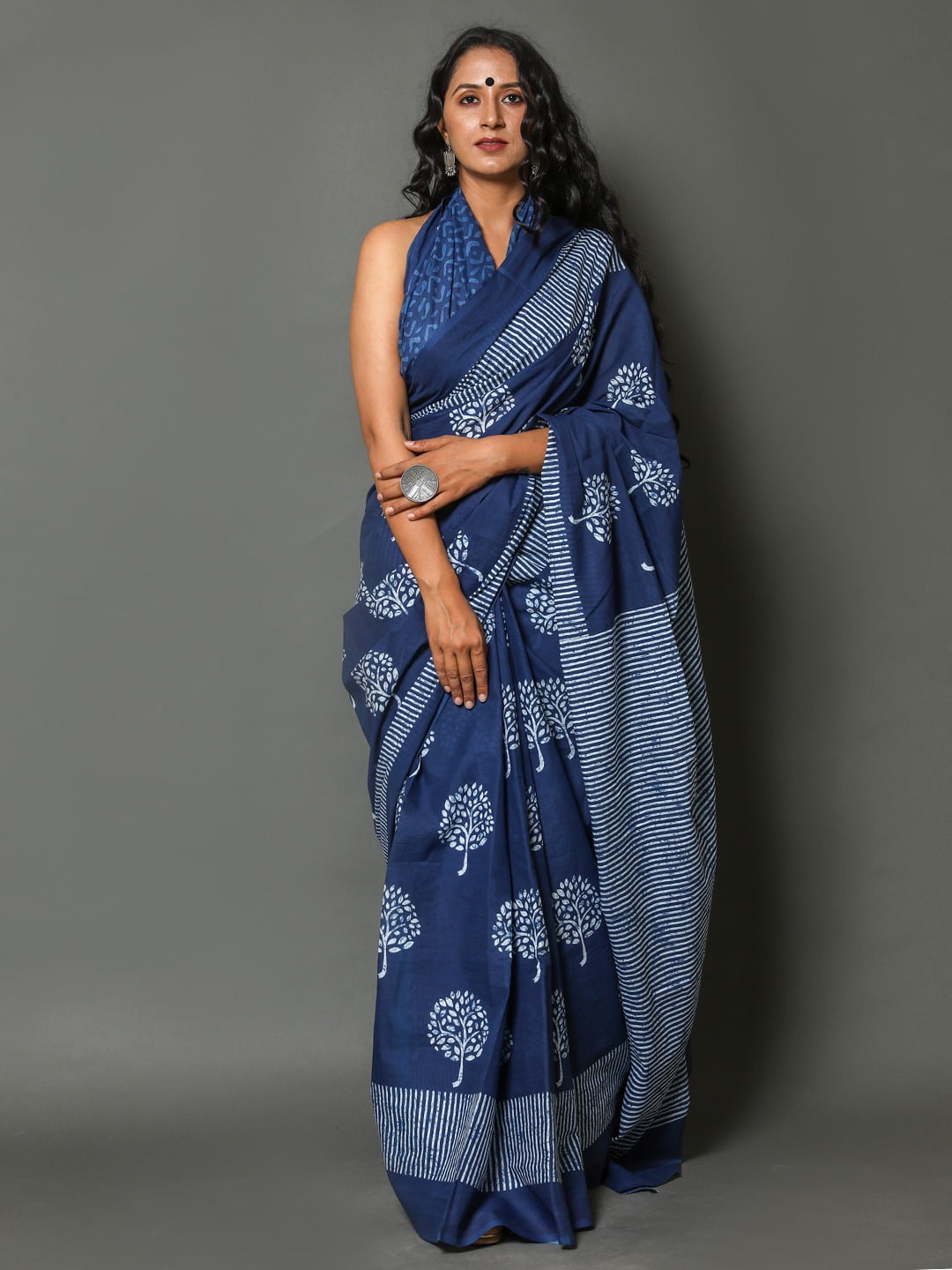 Indigo with White Print Pure Mul Cotton Saree