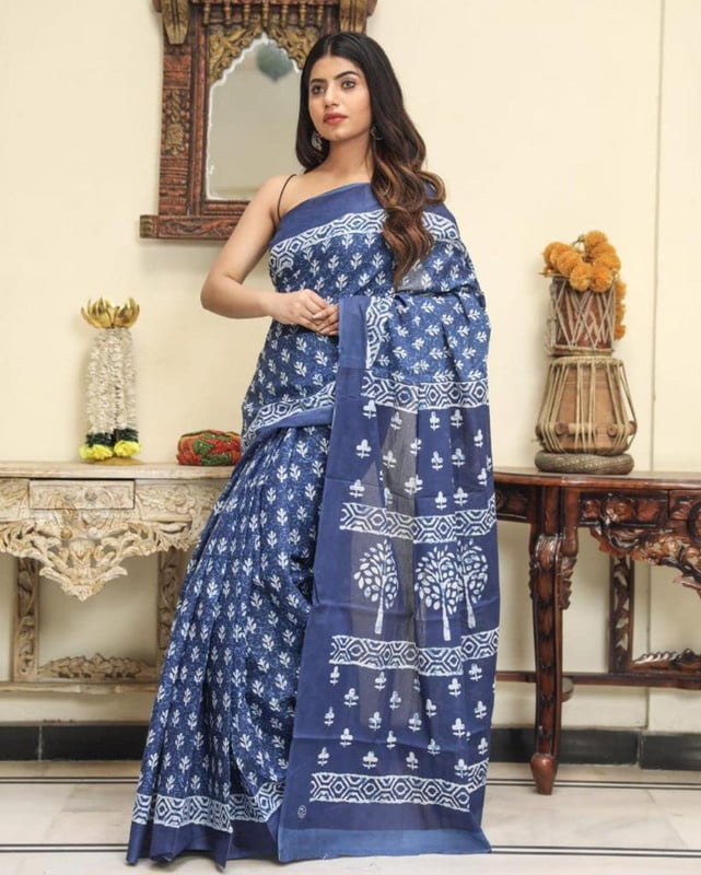 Indigo MulMul Cotton Sarees