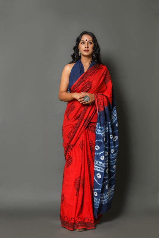 Red Mulmul Cotton Saree