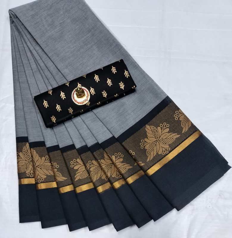 Plain Grey with Golden Leaf Design and Black Border Premium Cotton Saree