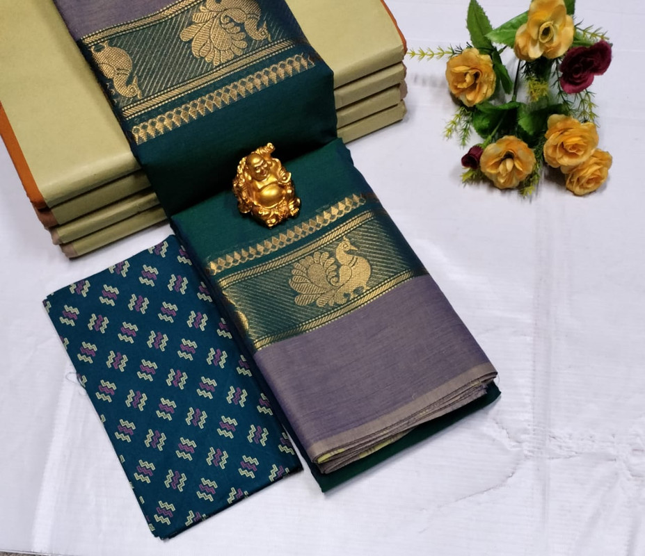 Dark Peacock Green Shade and Plain Pastel Grey Color Border with Golden Peacock Design Zari Premium Cotton Saree