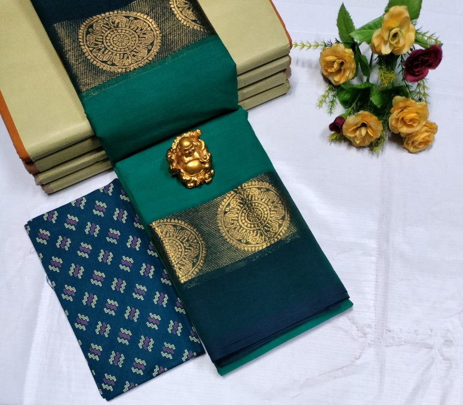 Light Peacock Green Shade and Plain Dark Peacock Blue Color Border with Golden Circle Design Zari Premium Cotton Saree