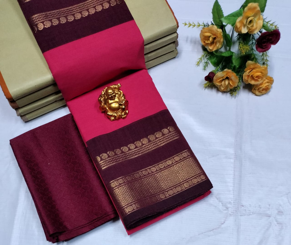 Bright Pink and Maroon Border Premium Cotton Saree