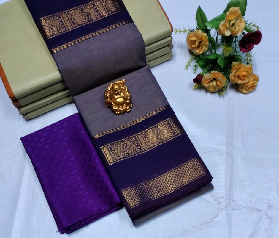 Plain Dark Grey and Navy Blue Border Premium Cotton Saree