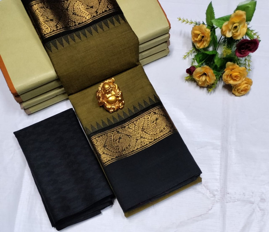 Plain Mahendi and Black Border Premium Cotton Saree