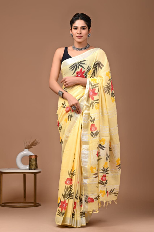 Lemon Yellow Kalamkari Print Saree