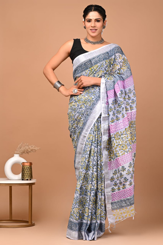 Grey Kalamkari Print Saree