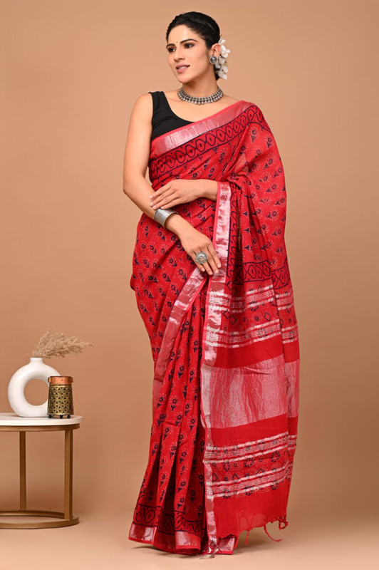 Bright Red Kalamkari Print Saree