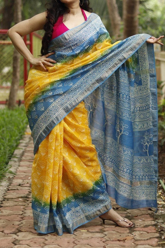 Yellow Printed Cotton Saree
