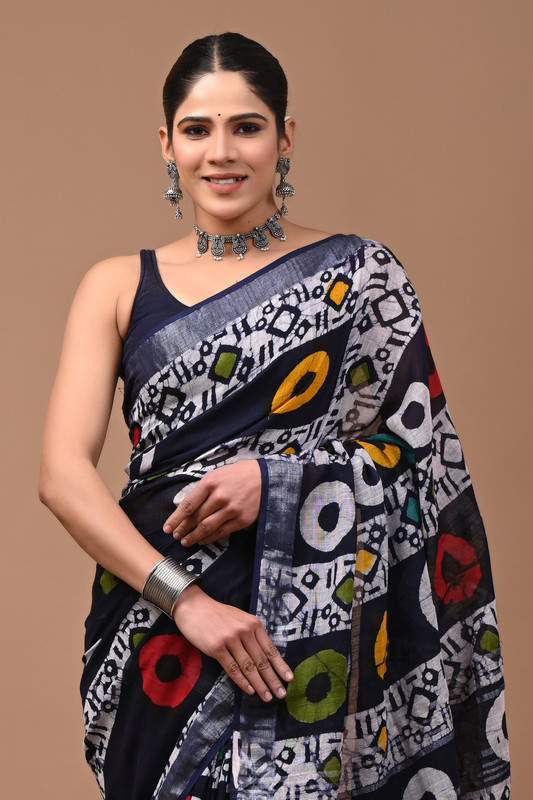 Printed Cotton Linen Saree In Black