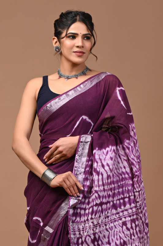 Purple Saree with White Patch Print and Silver Border