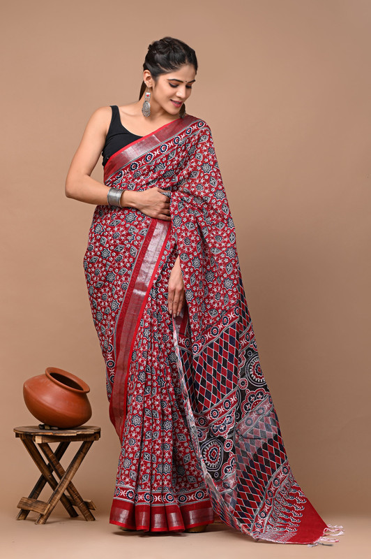Red Printed Linen Saree