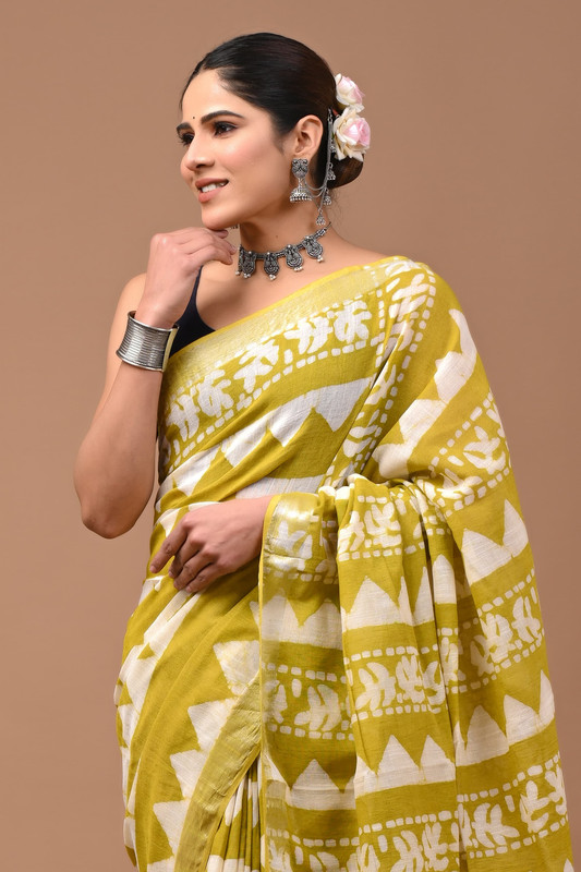 Lemon Yellow Printed Saree
