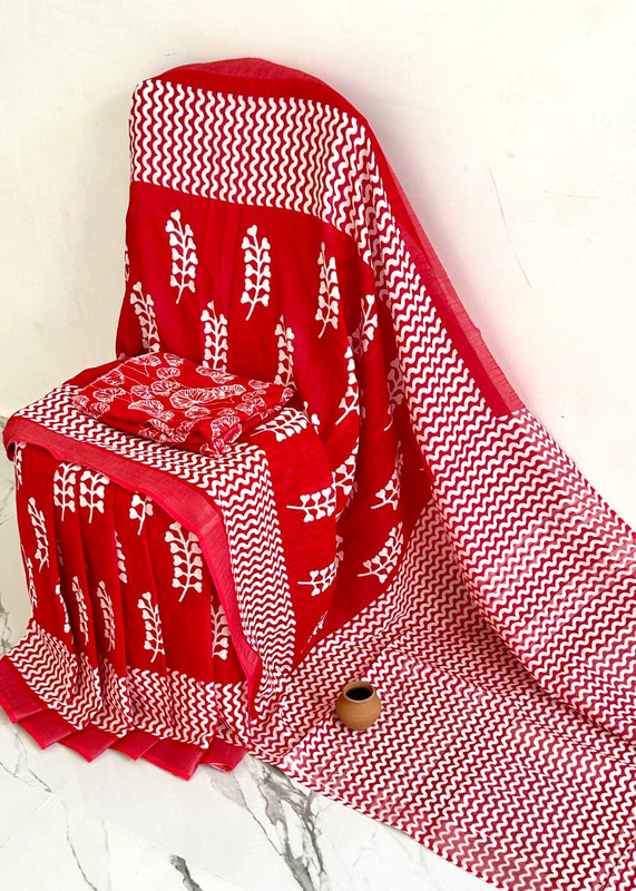 Printed Cotton Linen Blood Red Saree