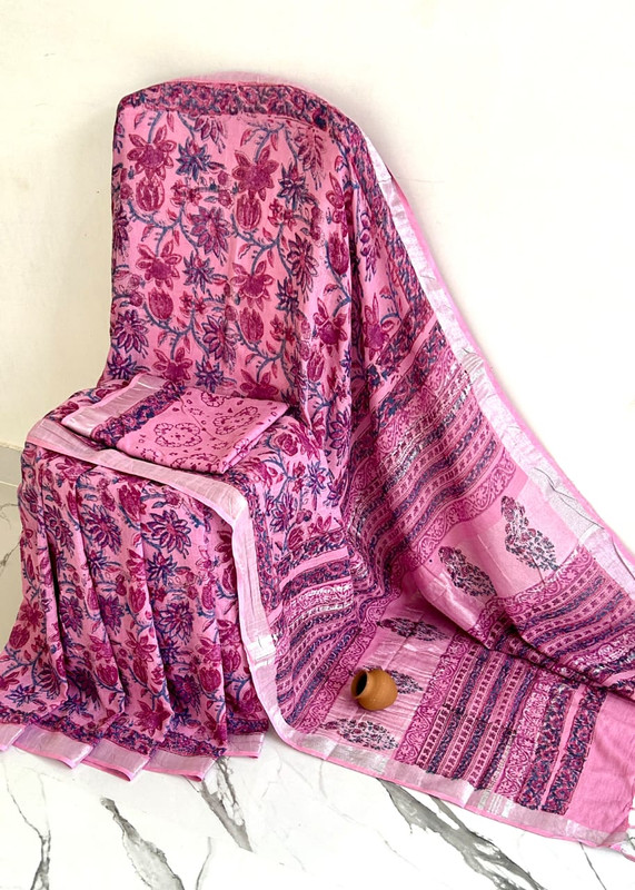 Printed Cotton Linen Pink Saree