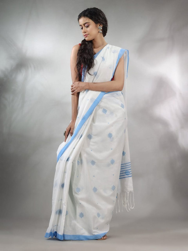 Pure Handloom Jhilmil khadi cotton saree in White and Sky Blue Print with Border for Indian women traditional and ethnic wear
