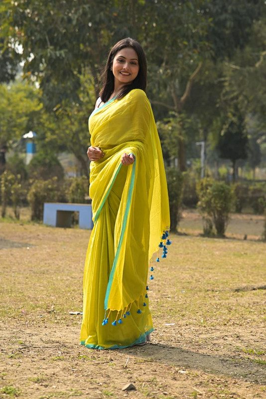 Lemon Yellow Cotton Handloom Saree