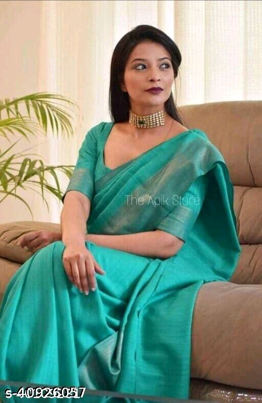 Beautiful Cyan Colour with Golden Zari in Semi Bapta Cotton Silk Saree