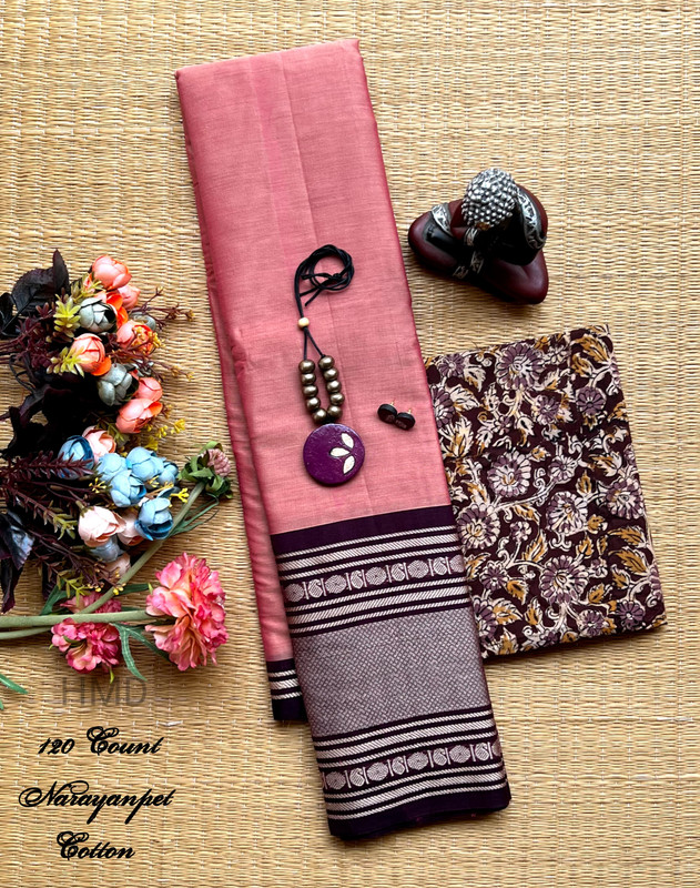 Pure Handloom Saree in Pastel Shinning Plain Pinkish Colour with Silver and Brown Zari