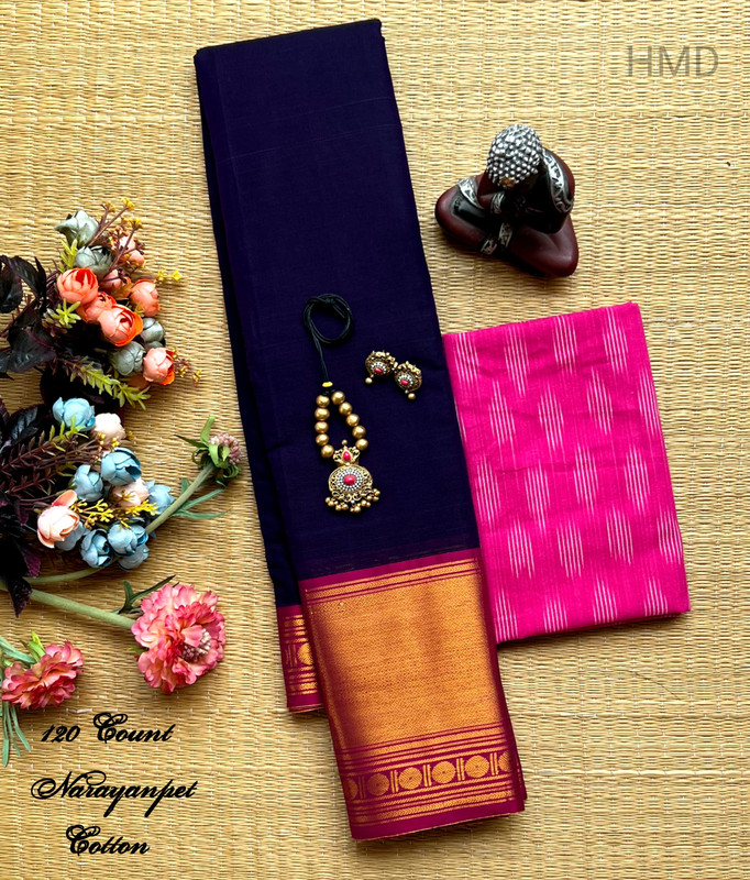Pure Handloom Saree in Plain Navy Blue