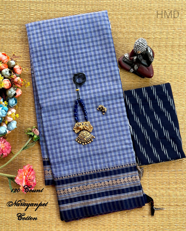 Pure Handloom Saree in Checks Sky Blue Colour with Silver and Navy Blue Colour Zari