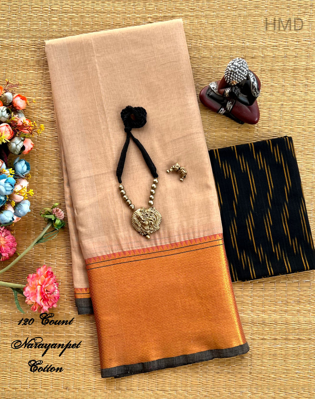 Pure Handloom Saree in Plain Shaining Peach Colour with Copper and Brown Wide Colour Zari