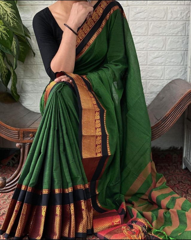 Pure Handloom Saree in Plain Bottle Green Colour