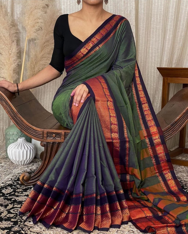 Pure Handloom Saree in Plain Dual Look Gray Colour with Black and Golden Wide Zari