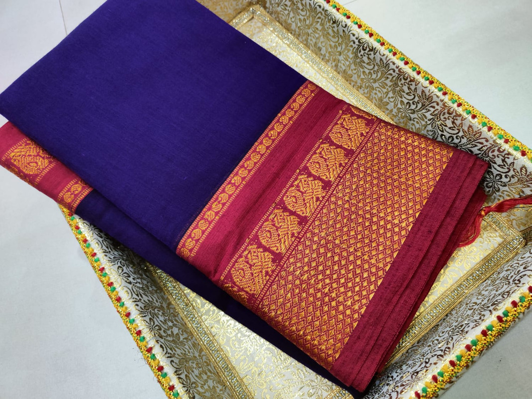 Pure Handloom Saree in Plain Navy Blue Colour with Red and Golden Wide Zari