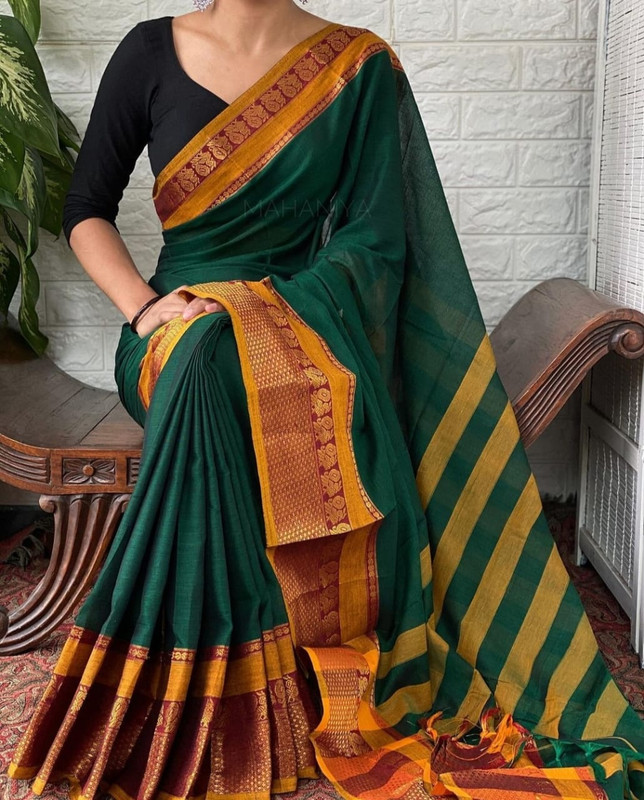 Pure Handloom Saree in Plain Bottle Green Colour with Masturd Yellow and Red along with Golden Wide Zari