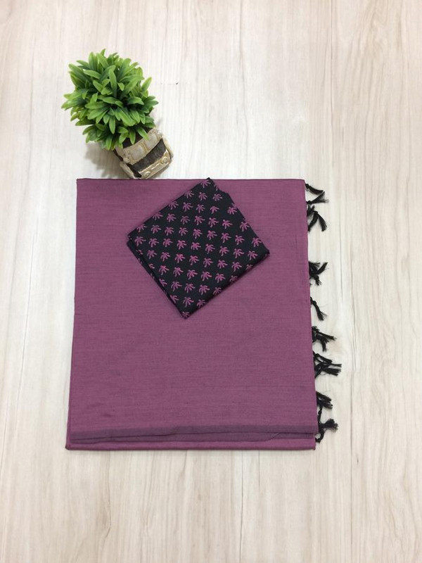 Light Vine Cotton Saree with Black Tessels