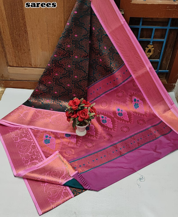 Dark Peacock Green Colour Semi Silk Saree
